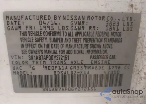 2016 Nissan Sentra Sv from USA, damaged, VIN 3N1AB7AP0GY272151